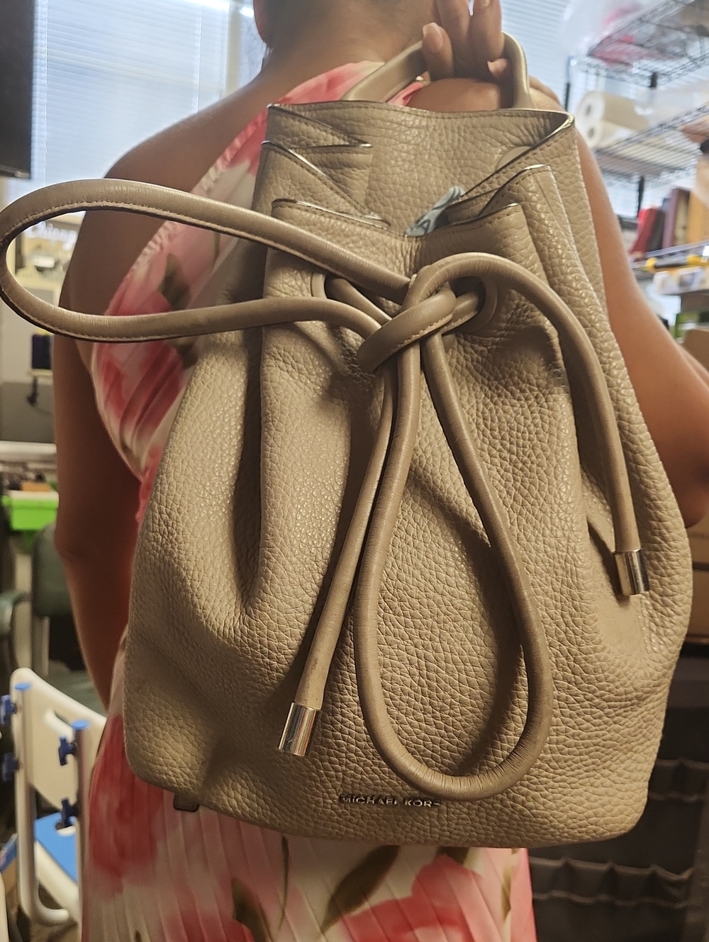 Michael Kors Pebbled Taupe Leather Drawstring Bucket Bag